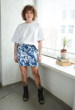 Vintage White/Blue Floral Print A Line Mini Skirt
