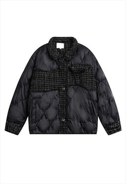 Patchwork bomber quilted utility jacket winter coat in black