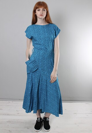 VINTAGE 80S BLUE PATTERNED LONG DRESS