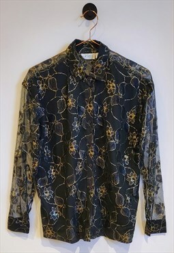 Vintage 80s Lace Sheer Mesh Floral Shirt Size 10-12