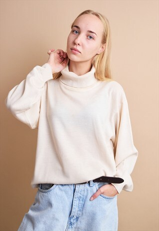 90'S MINIMALIST NEUTRAL ROLL-NECK OVERSIZED KNIT JUMPER TOP