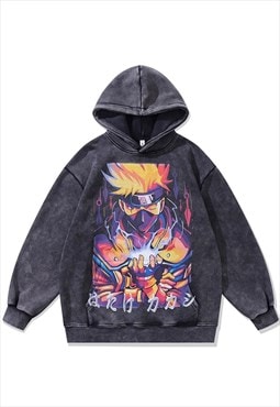 Anime print hoodie Naruto pullover vintage wash jumper grey