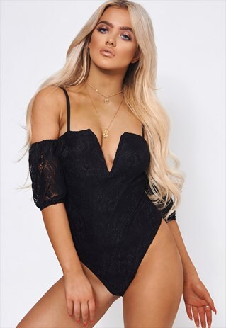 BLACK LACE BARDOT BODYSUIT