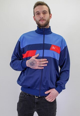 VINTAGE PUMA PATTERN JACKET IN BLUE LARGE