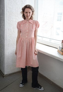 Vintage Lolita Style Pink Checked Cotton Puff Sleeved Dress