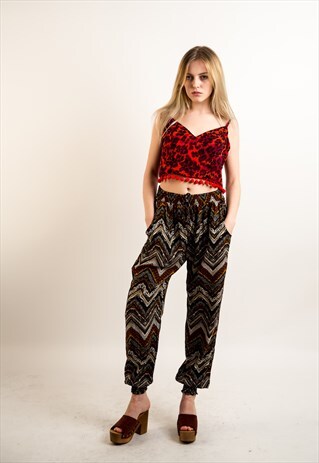 STRIPE & LEOPARD PRINT LOOSE FIT COTTON TROUSERS (BURGUNDY)