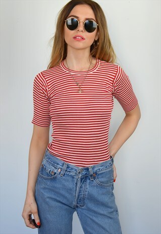 VINTAGE 70S RED & WHITE BRETON STRIPED FITTED TOP