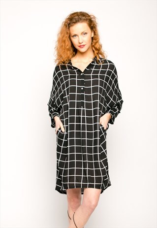 CLASSIC BLACK WHITE CHECK PRINT COTTON BLEND SHIRT DRESS