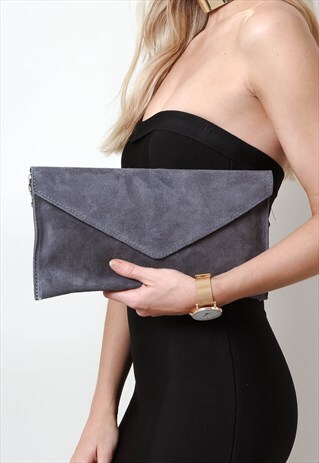 DARK GREY SUEDE ENVELOPE CLUTCH BAG
