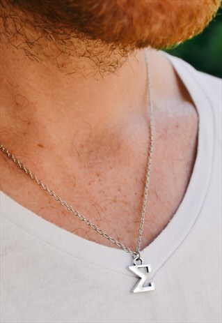 SILVER TONE SIGMA NECKLACE FOR MEN, LINK CHAIN, GREEK LETTER