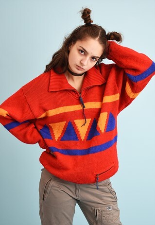 80'S RETRO GEOMETRICAL PATTERN CHUNKY KNIT JUMPER