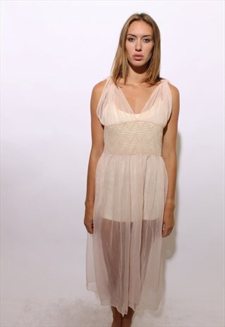 VINTAGE 1960'S 60'S GATHERED PLEATED PASTEL PINK GOWN OS