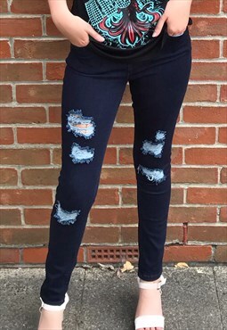 Navy Blue Distressed Mid-Rise Skinny Jeans