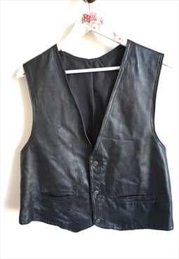 Vintage Black Genuine Leather Vest Biker Rocker Top Classic