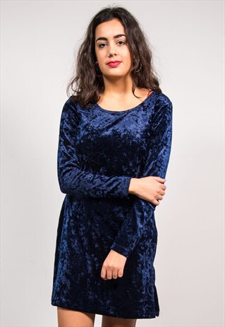 90'S VINTAGE CRUSHED VELVET BLUE LONG SLEEVE DRESS