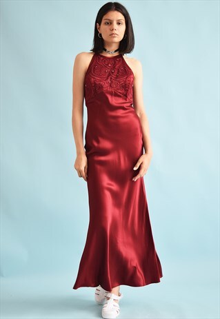 90'S RETRO BURGUNDY BEADED SHIMMER MAXI EVENING DRESS