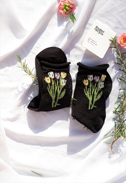 Black Netted Tulip Print Socks