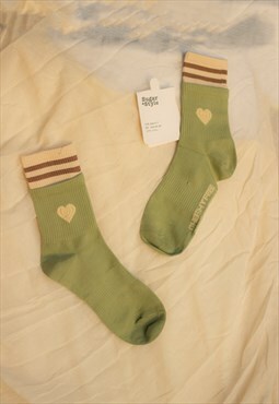 Khaki Green Double Layer Effect Heart Motif Stripe Socks