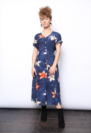 VINTAGE 90S NAVY ORANGE FLORAL MIDI BUTTON DRESS