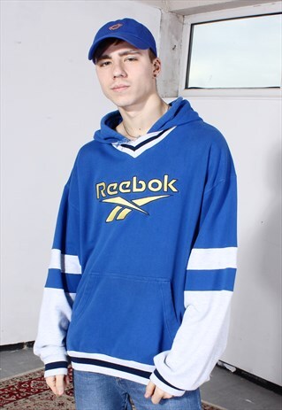 VINTAGE REEBOK BLUE, WHITE AND YELLOW HOODIE