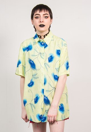 VINTAGE 90'S YELLOW & BLUE FLORAL PATTERN SHORT SLEEVE SHIRT
