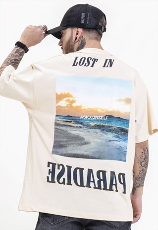 TRENDY LANDSCAPE LETTER REFLECTIVE LOOSE T-SHIRT