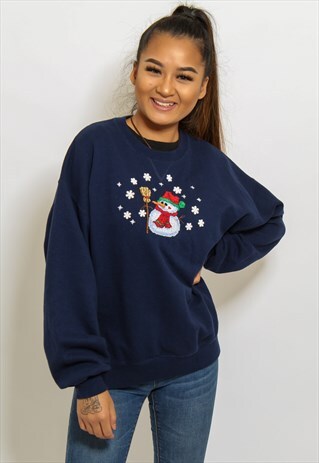 VINTAGE SNOWMAN CHRISTMAS JUMPER IN BLUE MEDIUM