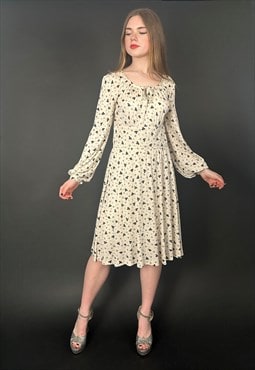 70's Vintage Cream Black Long Bell Sleeve Dress