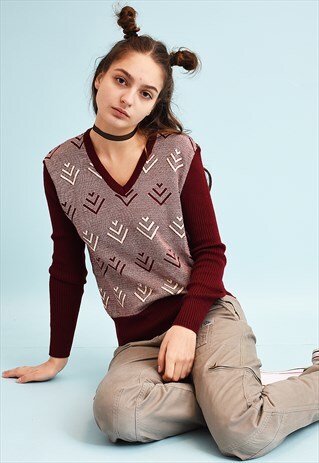 70'S RETRO MAROON MOD PATTERN KNIT JUMPER