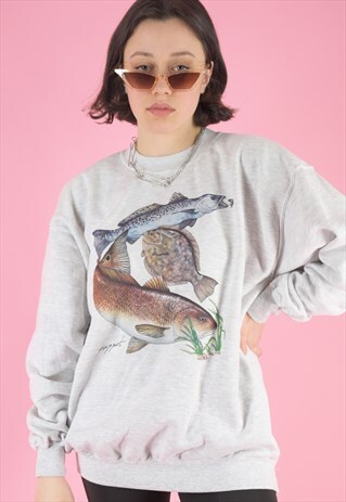 VINTAGE 90S SWEATSHIRT JUMPER IN GREY WITH FISH PRINT