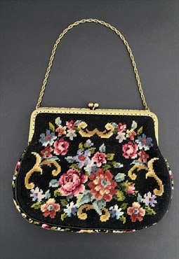 50's/60's Vintage Black Bag Tapestry Hand Held Handbag
