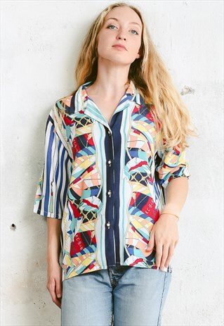 VINTAGE 80S BOLD ROYAL NAUTICAL PATTERN BLOUSE