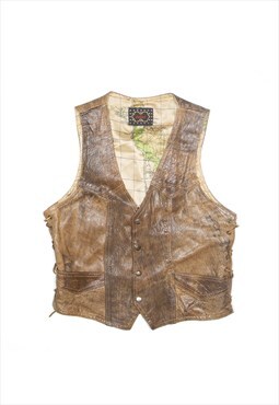 Western Lace Up Biker Leather Gilet Brown 80s Mens L