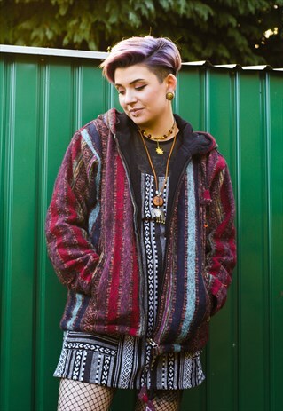 FAIR TRADE RED STRIPED HIPPIE ZIP-UP HOODED JACKET