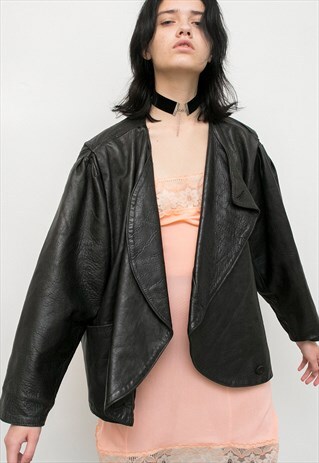 VINTAGE LEATHER JACKET BLACK JACKET 80S GRUNGE ROCKER GYPSY