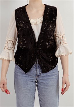Vintage 70s Boho Beaded Detail Velvet Button Up Women Vest M