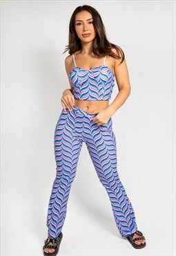 Blue Abstract Printed Crop Top & Flare Trousers Co-Ord
