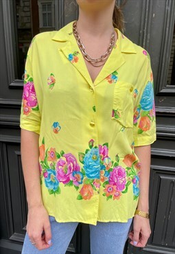 Yellow viscose shirt with colorful flowers