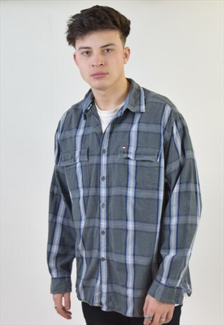 VINTAGE GREY BLUE TOMMY HILFIGER JEANS CHECK SHIRT