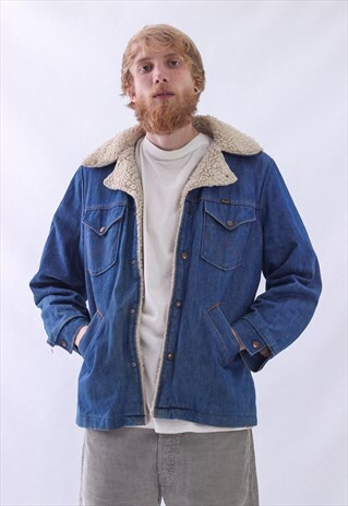 80S VINTAGE MENS WRANGLER DENIM SHERPA WINTER COAT JACKET