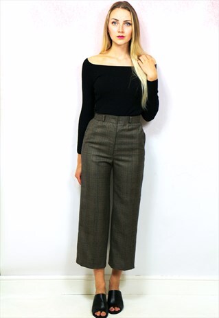 1980S VINTAGE BROWN CHECK WOOL HIGH WAIST TROUSERS