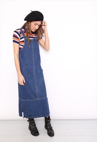 VINTAGE 90S BLUE DENIM COTTON PINAFORE MIDI DRESS