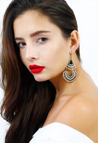 TURQUOISE BLACK DIAMANTE CHANDELIER EARRINGS