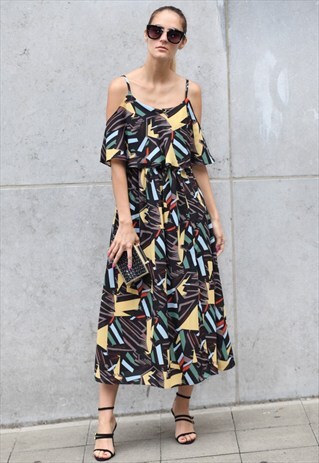 ABSTRACT PRINT COLD SHOULDER DRESS - BLACK