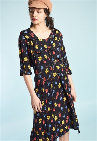 VINTAGE 90'S RETRO FLORAL PRINT MIDI TEA DRESS