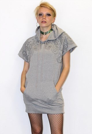 DIESEL EMBROIDERED GREY HIPSTER SLOUCHY BEADED HOODIE DRESS