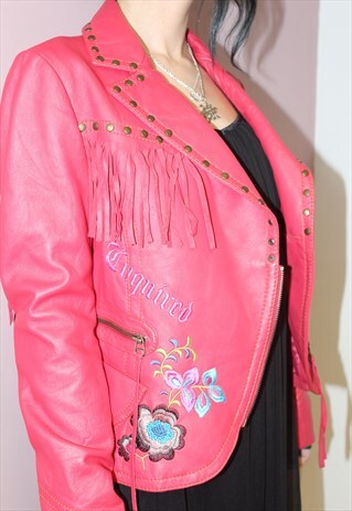 90S VINTAGE STYLE RED CUSTOMISED FRINGE LEATHER JACKET PUNK
