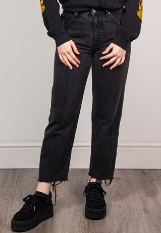VINTAGE 90'S GREY DENIM HIGH WAIST RAW HEM MOM JEANS