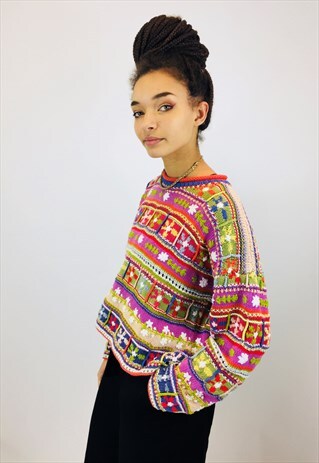 VINTAGE CHUNKY COLOURFUL COTTON KNIT JUMPER