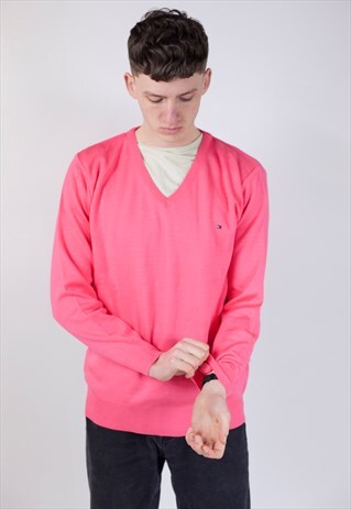 VINTAGE TOMMY HILFIGER PINK V-NECK LIGHT JUMPER